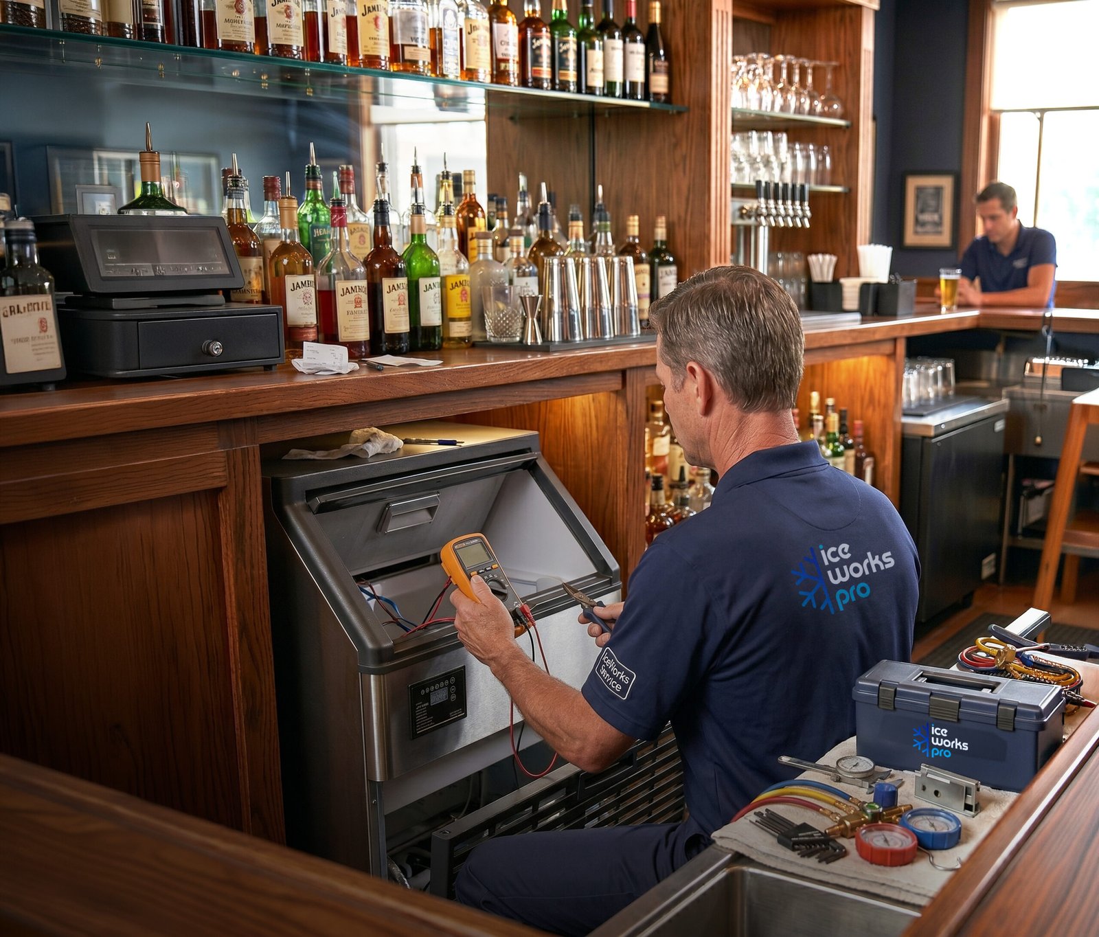 Iceworks technician servicing a commercial ice machine on-site